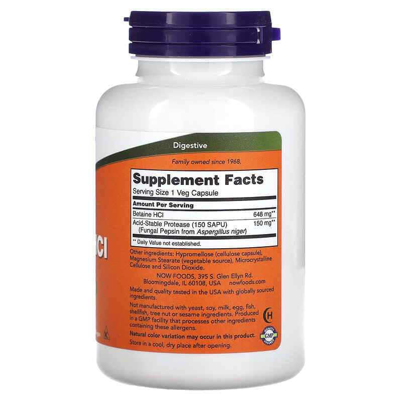 NOW Foods BETAINE HCL 648Mg Pepsin 120 Cap Hydrochloride HCI Digestive Enzyme