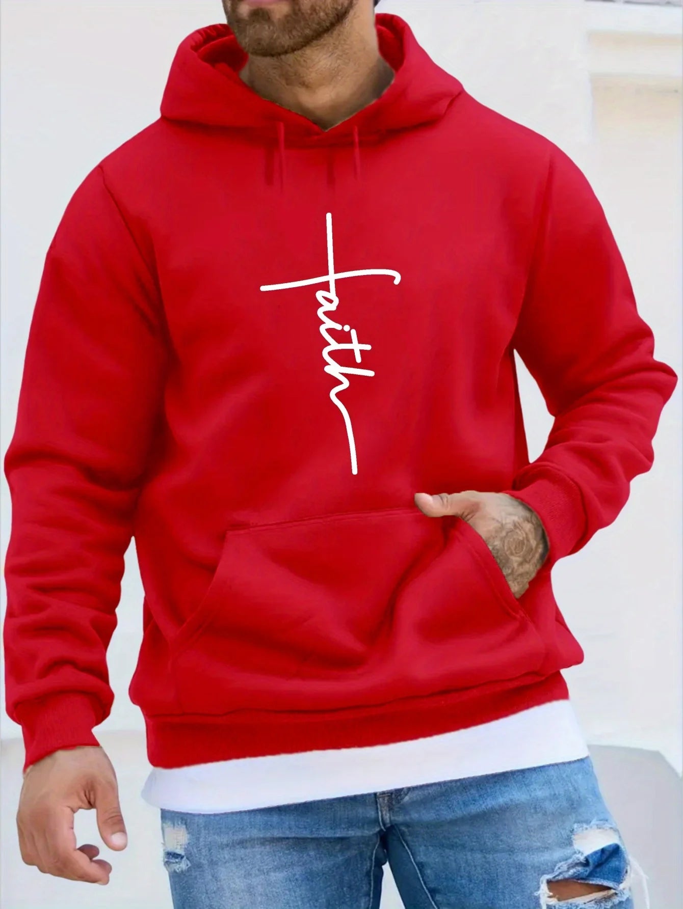 Men'S Autumn and Winter Casual Fashion Loose Faith Print Long Sleeved Hooded Sweatshirt Warm Sports Pullover