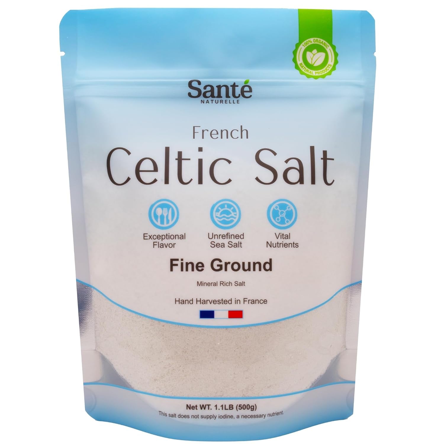 Celtic Salt Organic Fine Ground - 1.1Lb (18Oz) Unrefined French Mineral Sea Salt Organic, Rich in 82+ Minerals, 100% Natural & Hand Harvested Sal Celtica