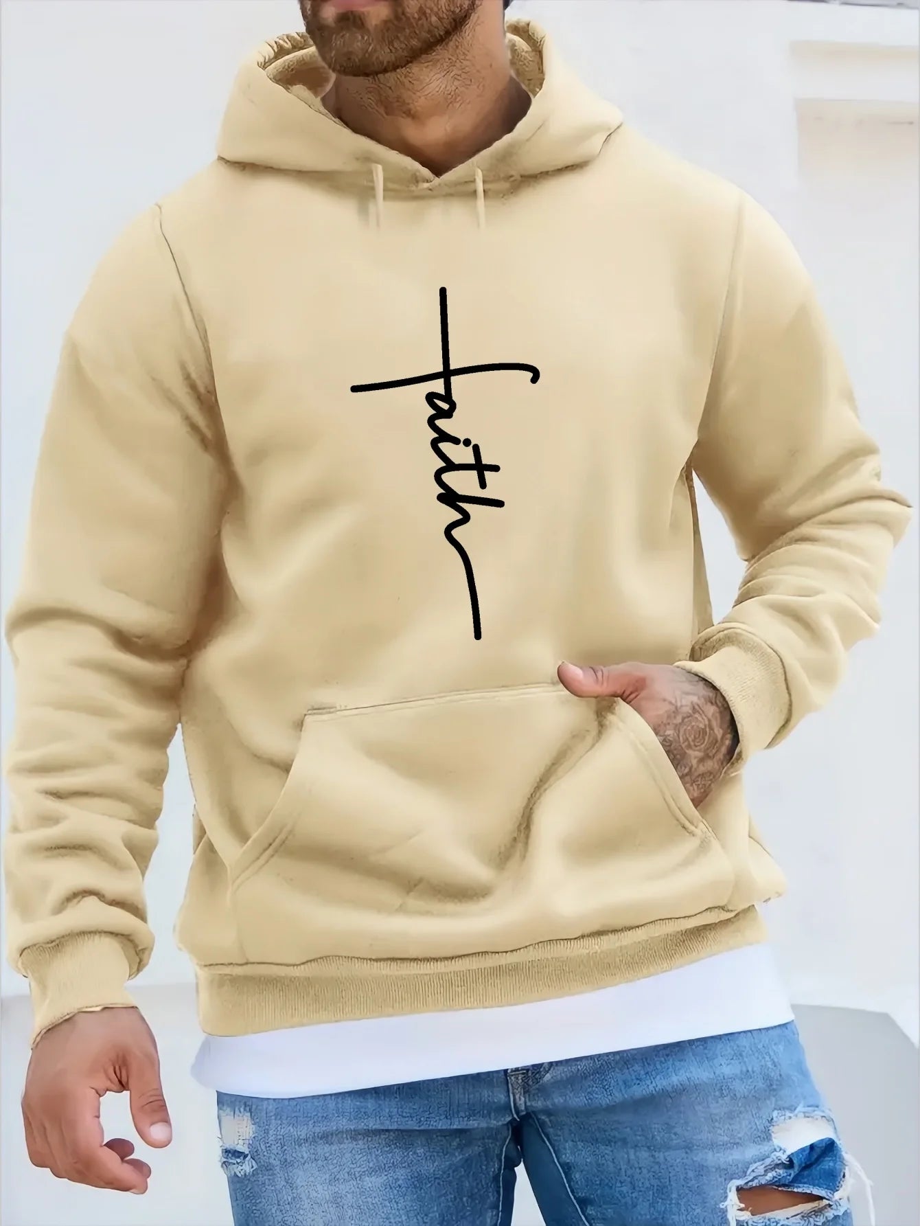 Men'S Autumn and Winter Casual Fashion Loose Faith Print Long Sleeved Hooded Sweatshirt Warm Sports Pullover
