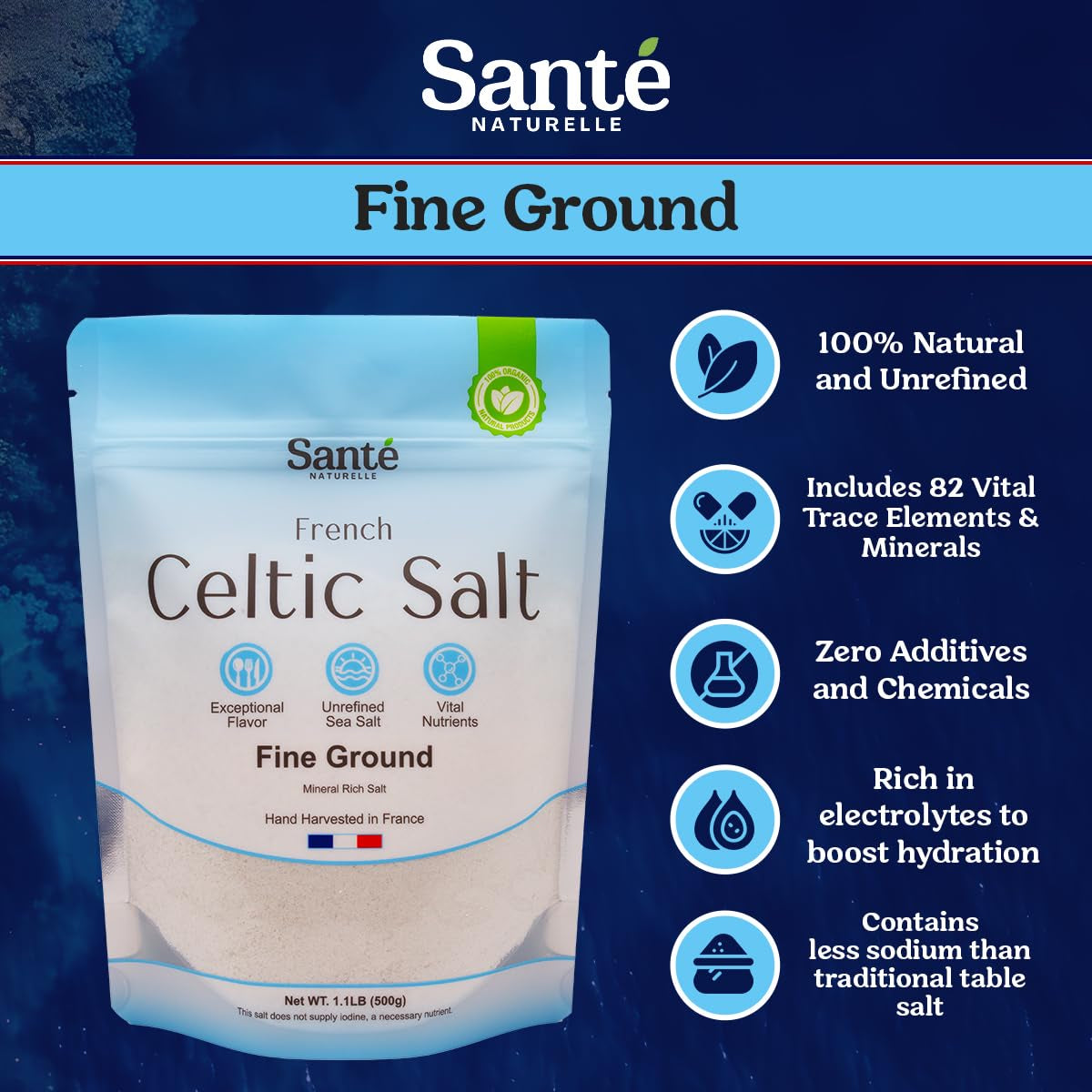 Celtic Salt Organic Fine Ground - 1.1Lb (18Oz) Unrefined French Mineral Sea Salt Organic, Rich in 82+ Minerals, 100% Natural & Hand Harvested Sal Celtica