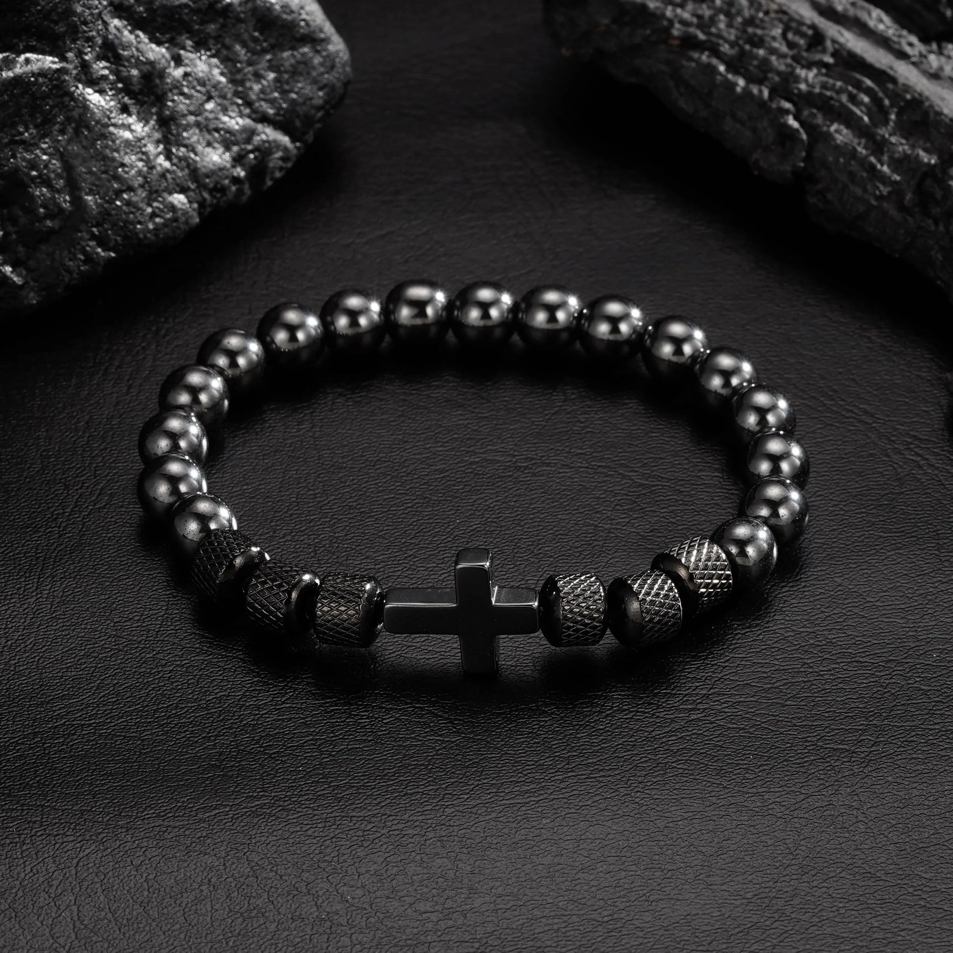 Black Cross Bracelets for Men Obsidian Beads Bracelet Birthday Catholic Christian Religious Fathers Day Jewelry Gifts Him Father Dad Grandpa Brother Husband Boyfriend Male Adults