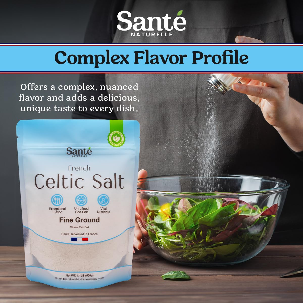 Celtic Salt Organic Fine Ground - 1.1Lb (18Oz) Unrefined French Mineral Sea Salt Organic, Rich in 82+ Minerals, 100% Natural & Hand Harvested Sal Celtica