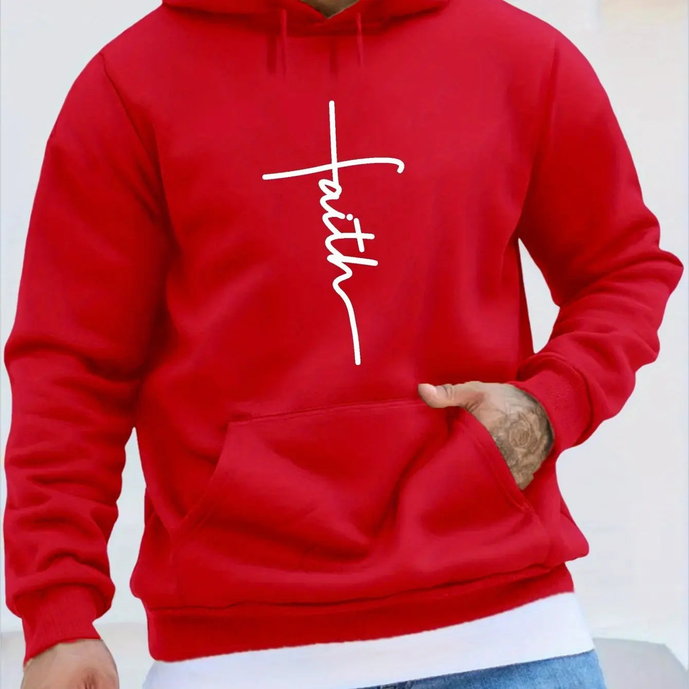 Men'S Autumn and Winter Casual Fashion Loose Faith Print Long Sleeved Hooded Sweatshirt Warm Sports Pullover