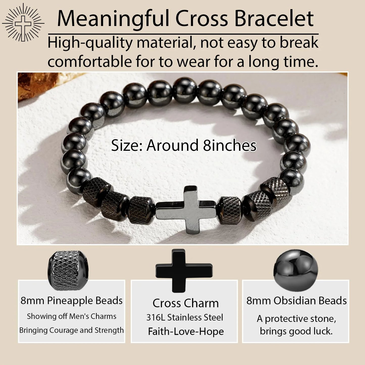 Black Cross Bracelets for Men Obsidian Beads Bracelet Birthday Catholic Christian Religious Fathers Day Jewelry Gifts Him Father Dad Grandpa Brother Husband Boyfriend Male Adults