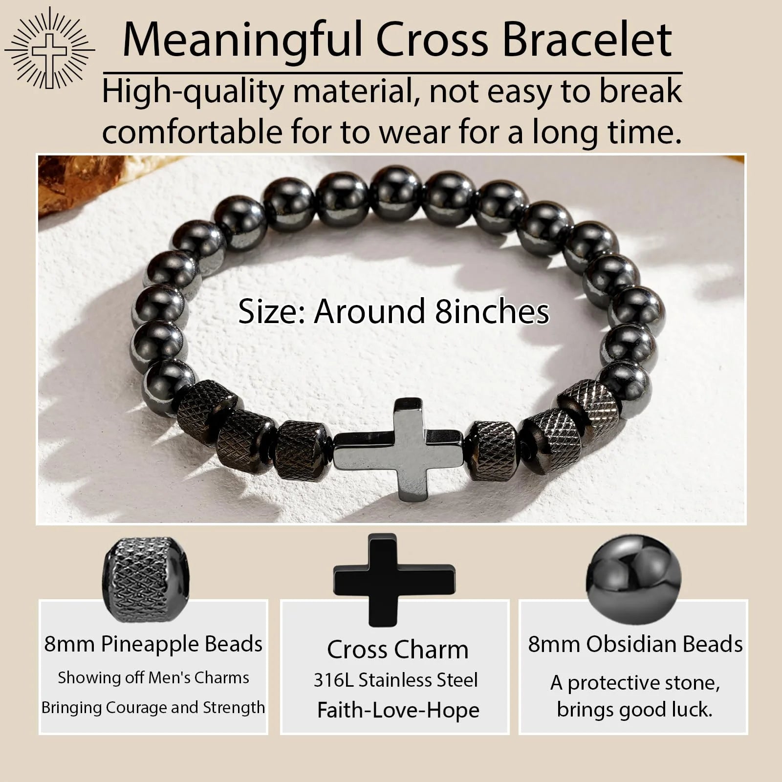 Black Cross Bracelets for Men Obsidian Beads Bracelet Birthday Catholic Christian Religious Fathers Day Jewelry Gifts Him Father Dad Grandpa Brother Husband Boyfriend Male Adults