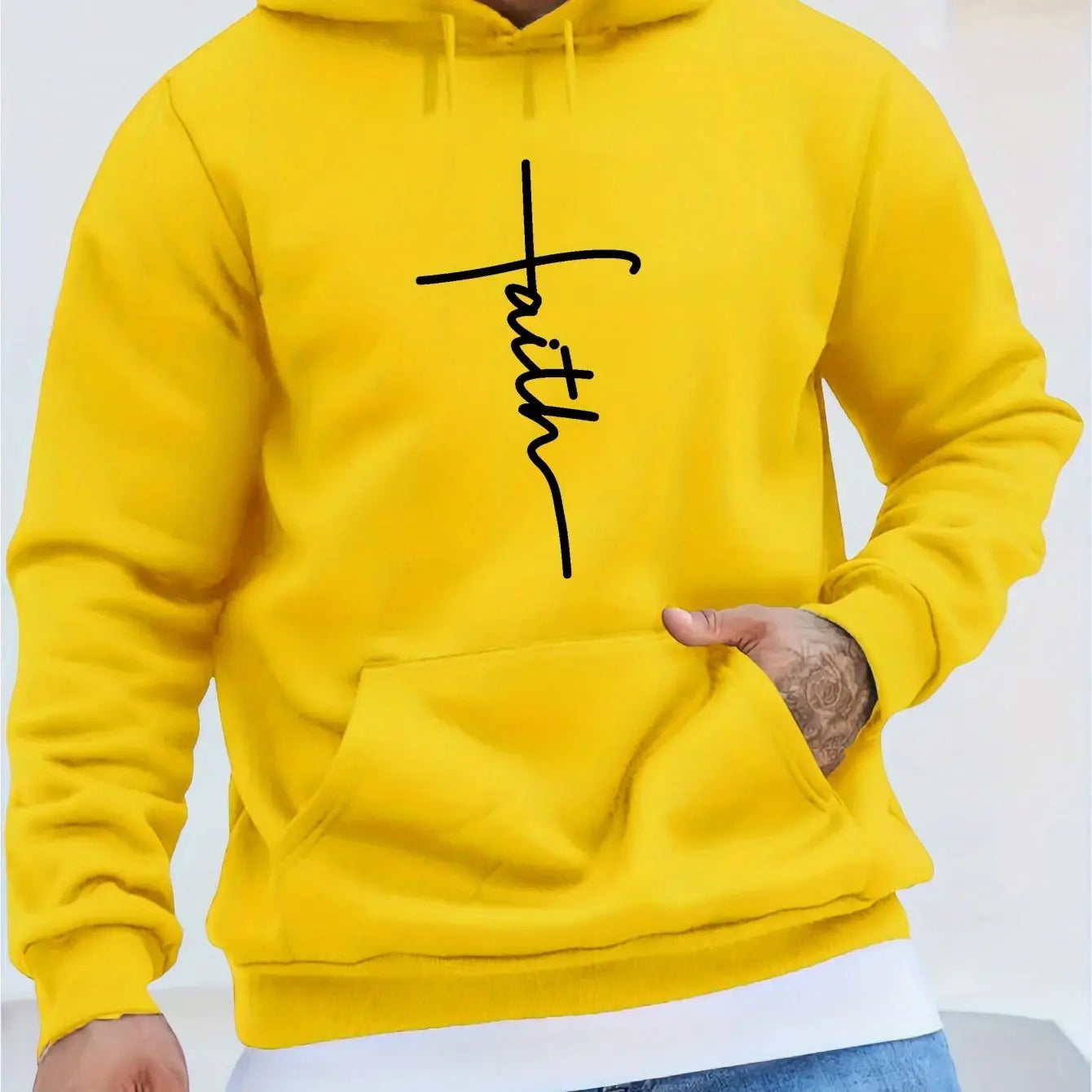 Men'S Autumn and Winter Casual Fashion Loose Faith Print Long Sleeved Hooded Sweatshirt Warm Sports Pullover