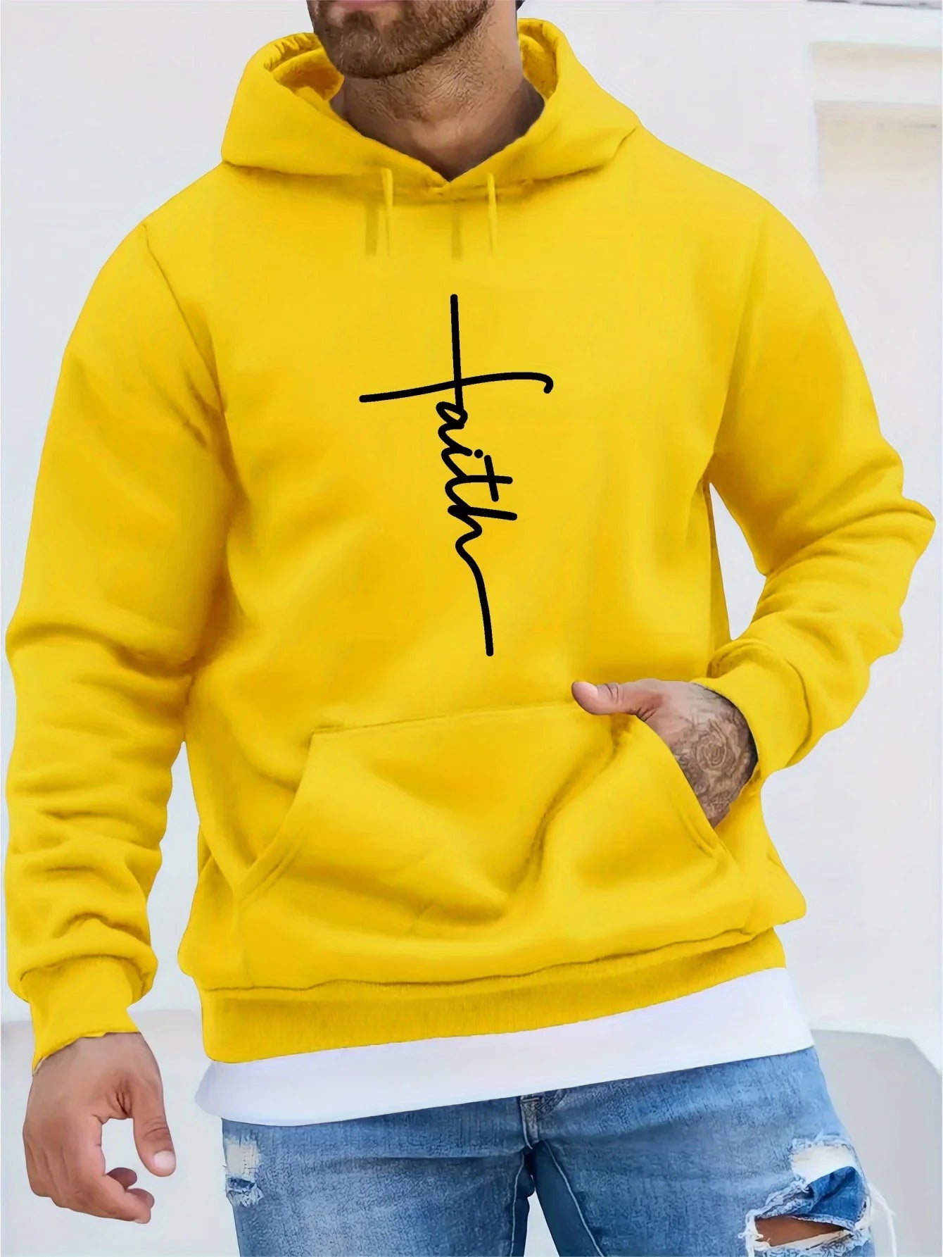 Men'S Autumn and Winter Casual Fashion Loose Faith Print Long Sleeved Hooded Sweatshirt Warm Sports Pullover