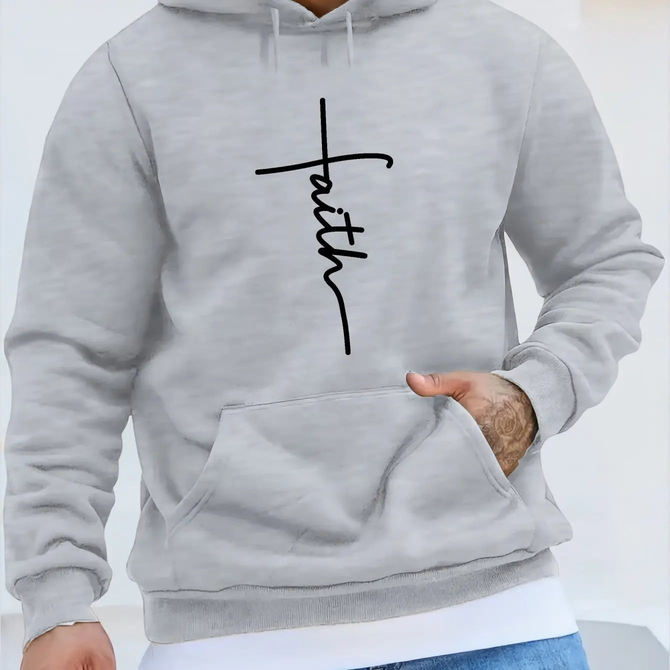 Men'S Autumn and Winter Casual Fashion Loose Faith Print Long Sleeved Hooded Sweatshirt Warm Sports Pullover