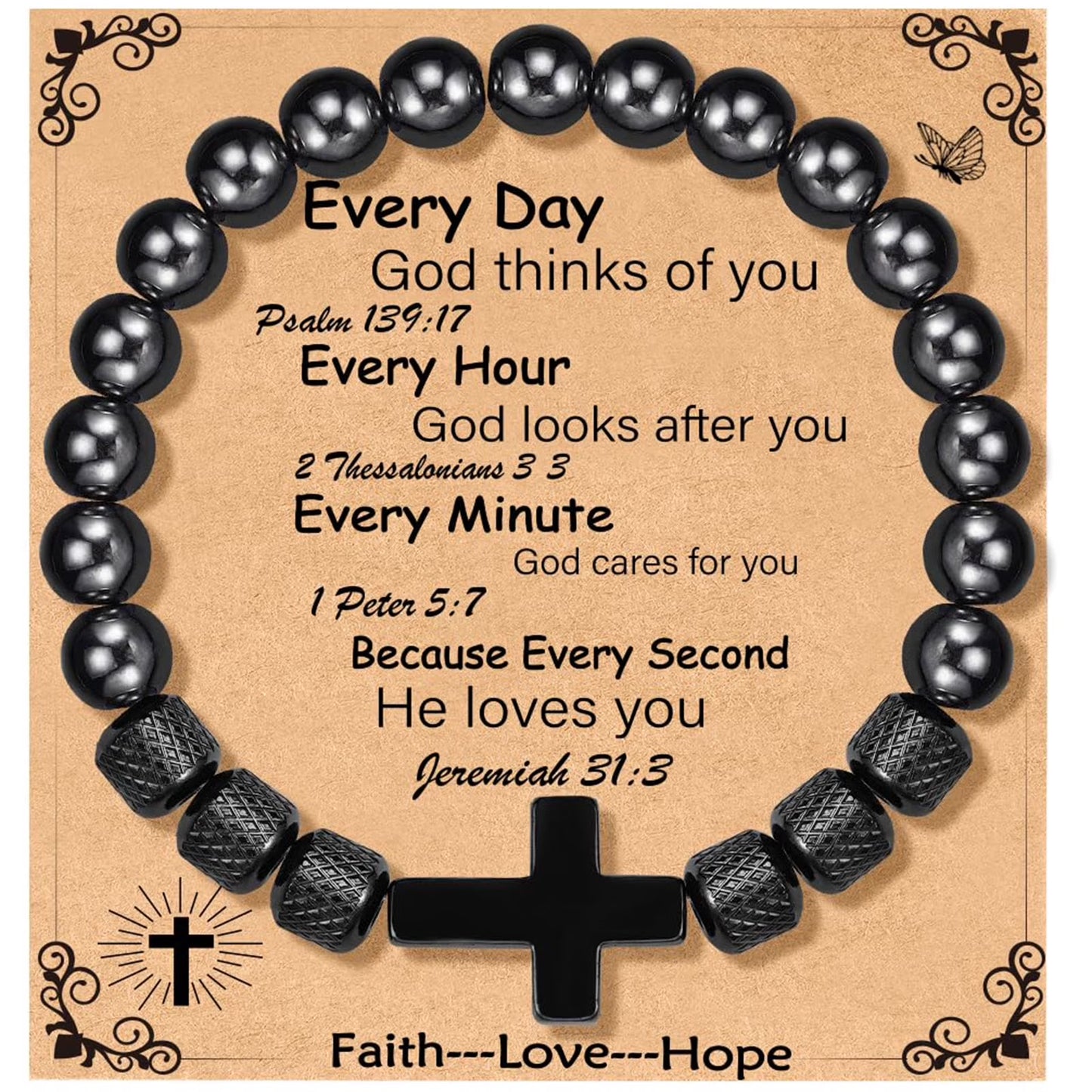 Black Cross Bracelets for Men Obsidian Beads Bracelet Birthday Catholic Christian Religious Fathers Day Jewelry Gifts Him Father Dad Grandpa Brother Husband Boyfriend Male Adults