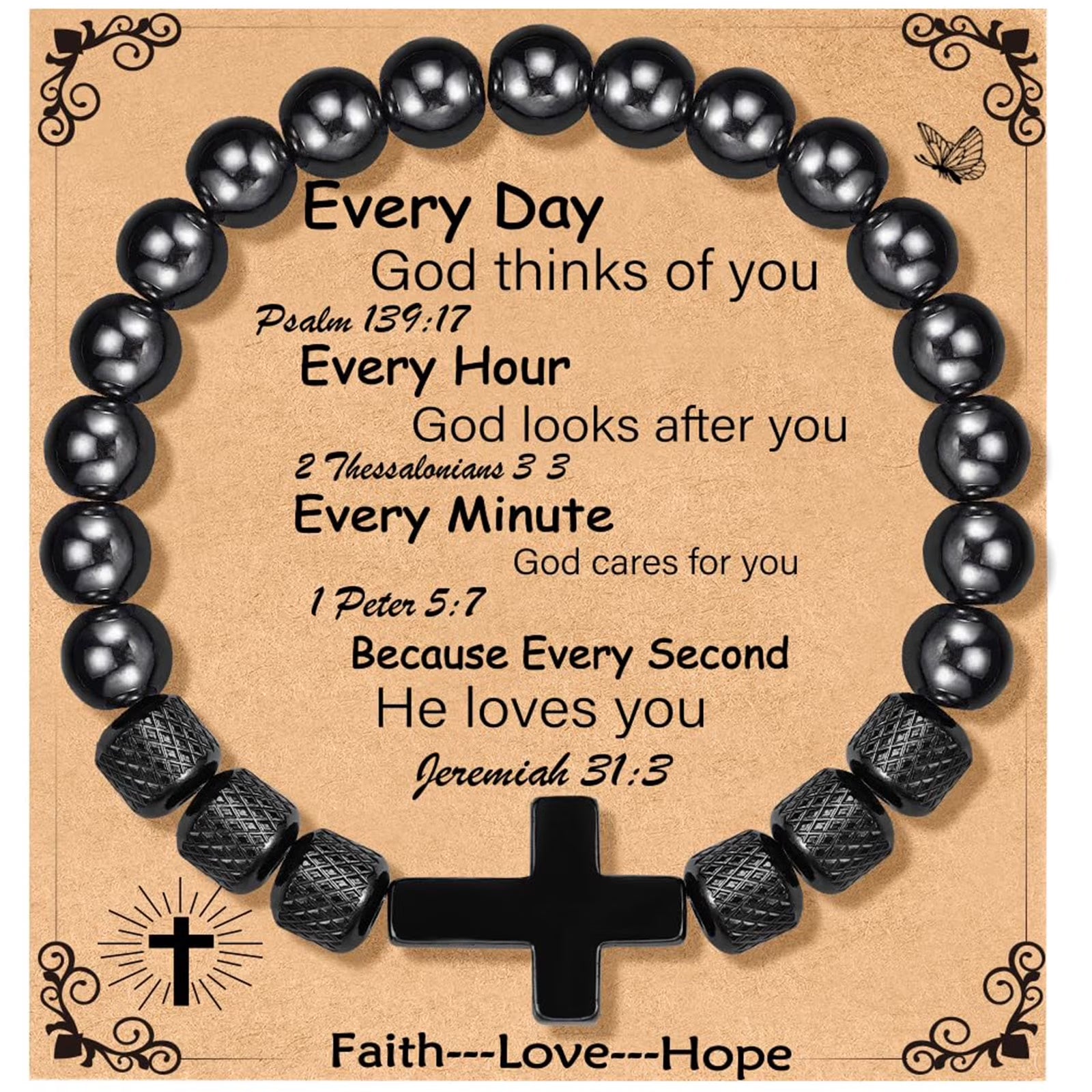Black Cross Bracelets for Men Obsidian Beads Bracelet Birthday Catholic Christian Religious Fathers Day Jewelry Gifts Him Father Dad Grandpa Brother Husband Boyfriend Male Adults