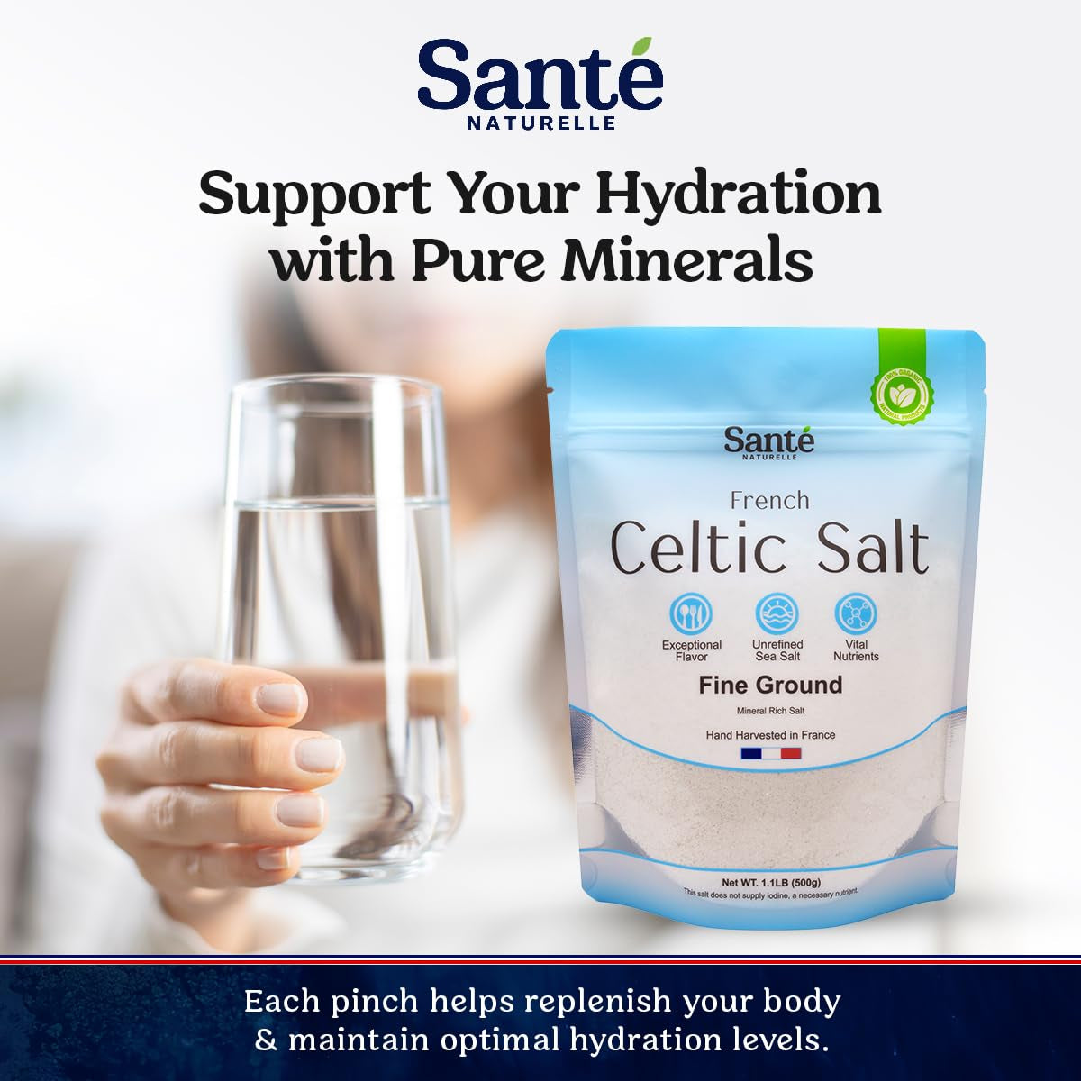 Celtic Salt Organic Fine Ground - 1.1Lb (18Oz) Unrefined French Mineral Sea Salt Organic, Rich in 82+ Minerals, 100% Natural & Hand Harvested Sal Celtica
