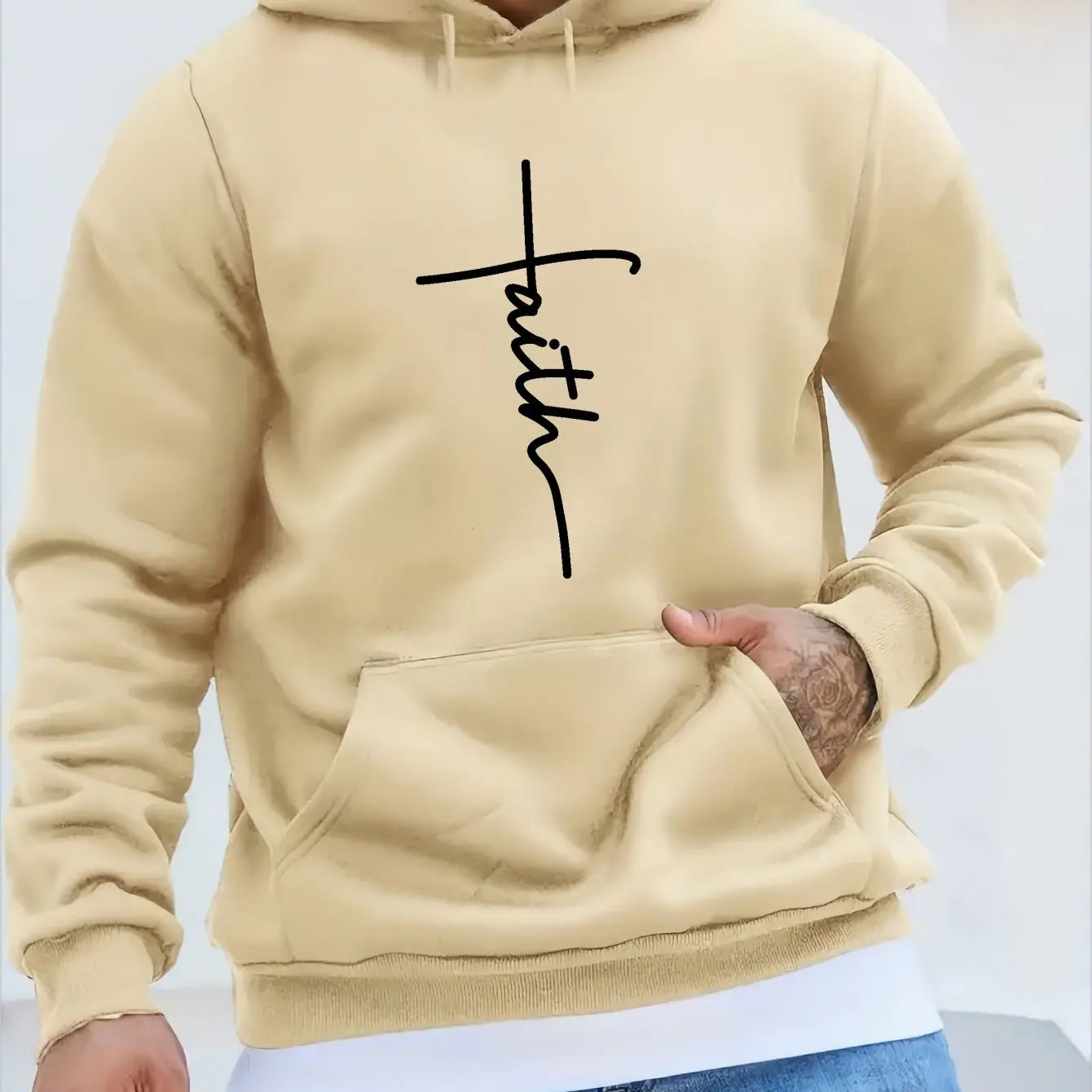 Men'S Autumn and Winter Casual Fashion Loose Faith Print Long Sleeved Hooded Sweatshirt Warm Sports Pullover