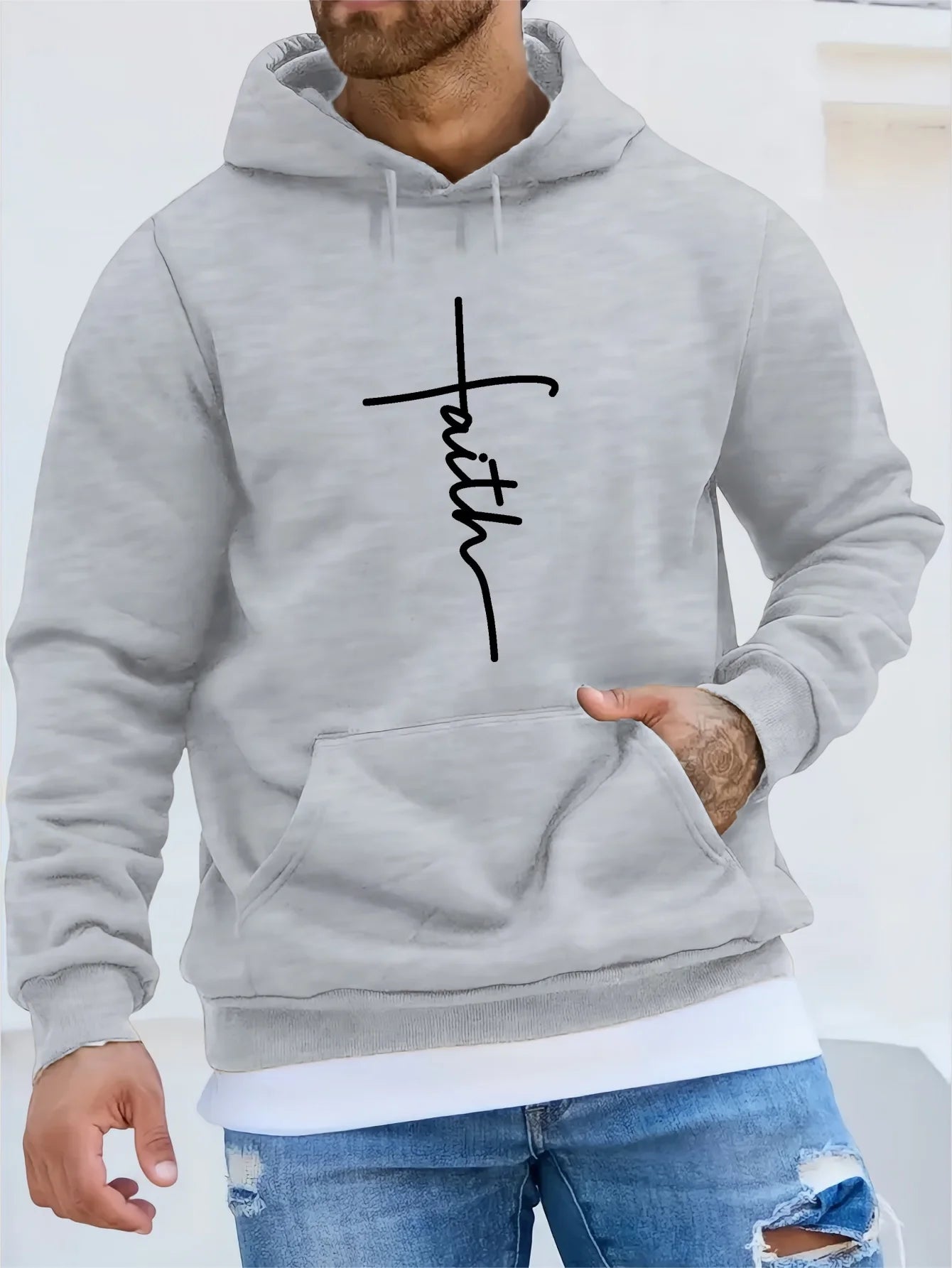 Men'S Autumn and Winter Casual Fashion Loose Faith Print Long Sleeved Hooded Sweatshirt Warm Sports Pullover